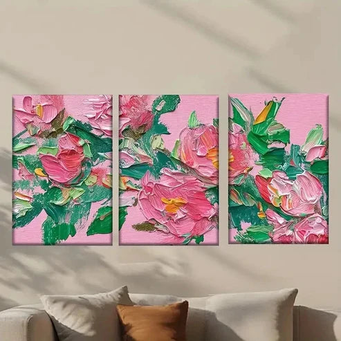 3pcs Vibrant Pink Flowers and Green Leaves Wall Art Canvas Unframed - High Quality Print 100% Australian Made Wall Canvas