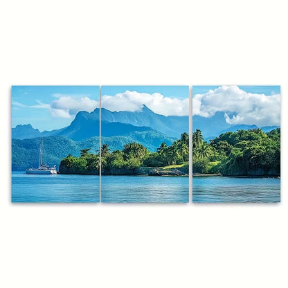 3pcs Blue Mountains Caribbean Travel Wall Art Set Canvas Framed 60x90cm - High Quality Print 100% Australian Made Wall Canvas Ready to Hang - Bella Home Decor