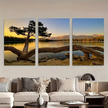 3pcs Calm Lake & Tree at Dawn Wall Art Metal Print Ready to Hang Art - Bella Home Decor