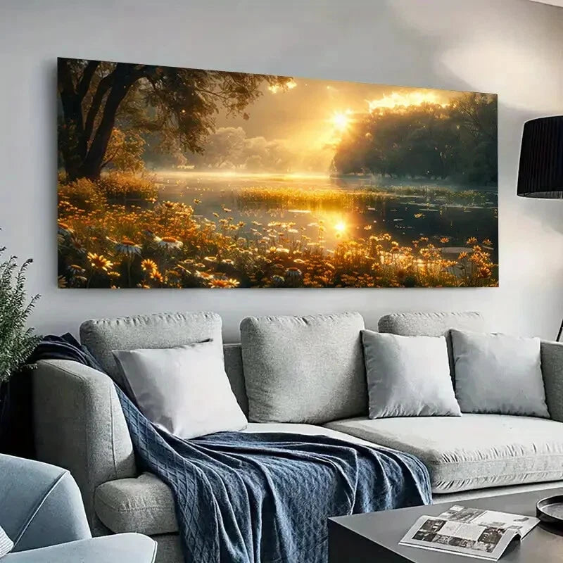 Sunrise Scene  Golden Hues wall canvas office home room framed 120x60cm - Bella Home Decor