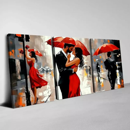 3pcs Romantic Couple with Umbrella Raining Wall Art Set Canvas Framed 40x60cm - High Quality Print 100% Australian Made Wall Canvas Ready to Hang