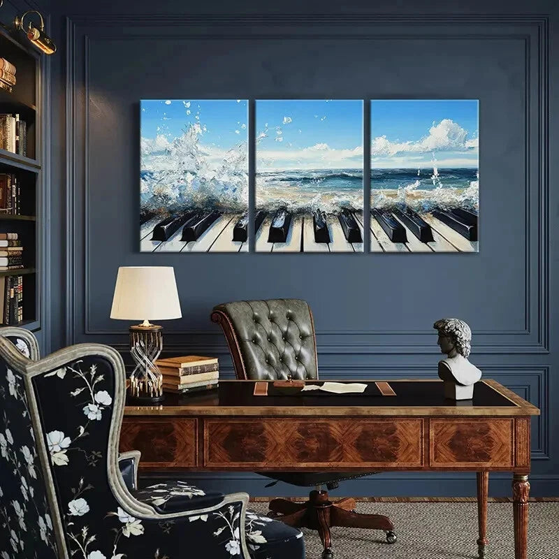 3pcs Ocean Waves Piano Keys Artwork Coastal Deco Metal Print Ready to Hang Art - Bella Home Decor