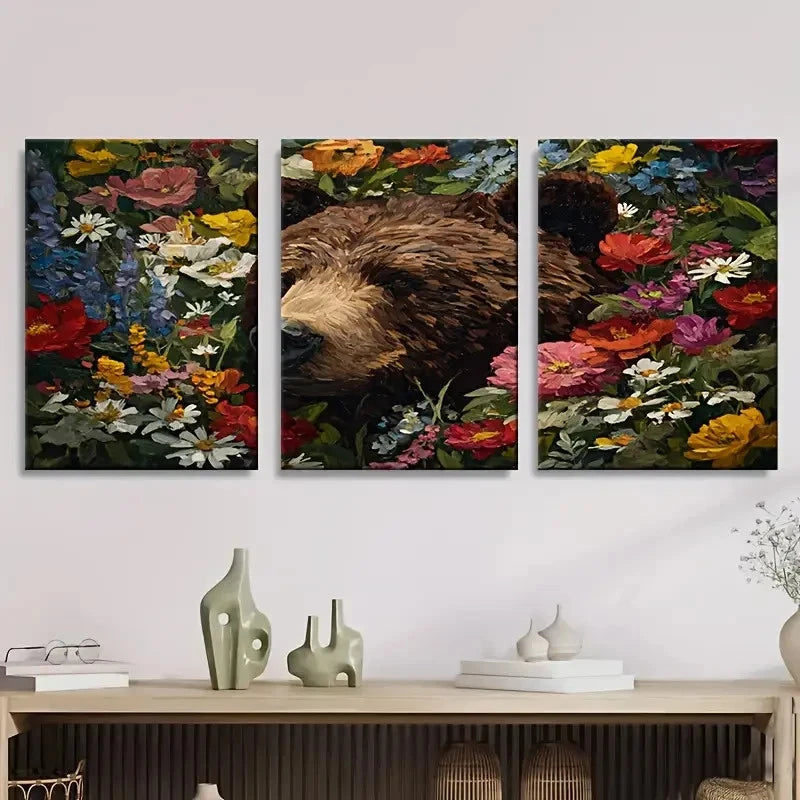 3pcs bear in flowers Wall Art Set Canvas Framed 60x90cm - High Quality Print 100% Australian Made Wall Canvas Ready to Hang - Bella Home Decor