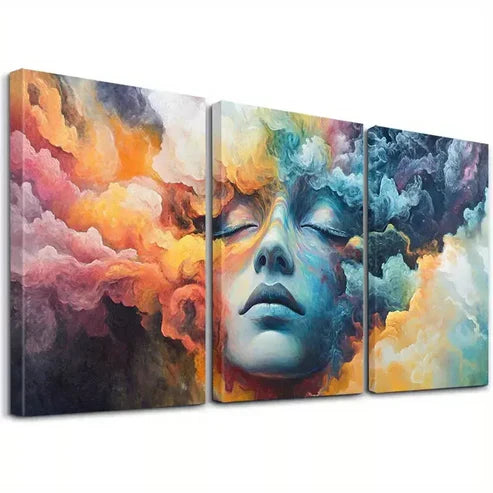 3pcs Modern Ethereal Clouds & Woman's Face Wall Art Canvas Unframed - High Quality Print 100% Australian Made Wall Canvas