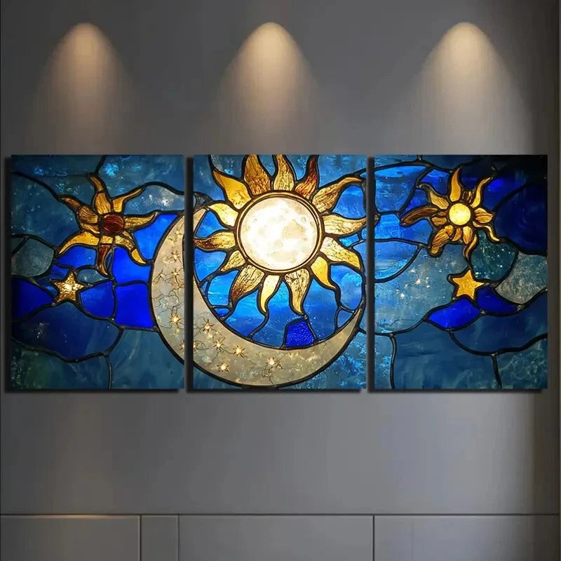 3pcs Sun And Moon Pattern with Stars Metal Print Ready to Hang Art - Bella Home Decor