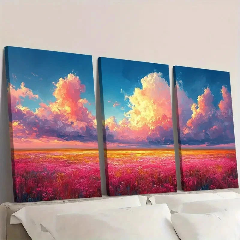 3pcs Print Blue Sky and Field sd    Wall Art Set Canvas Framed 50x70cm - High Quality Print 100% Australian Made Wall Canvas Ready to Hang