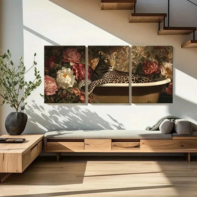 3pcs Leopard in Bathtub with Floral Surroundings Metal Print Ready to Hang Art - Bella Home Decor