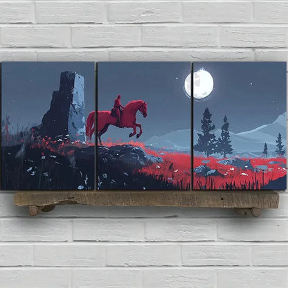 3pcs A Horse Jumping Under The Moonlight Red Metal Print Ready to Hang Art - Bella Home Decor