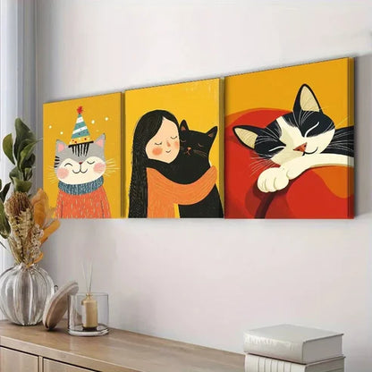 3pcs Featuring Cats in a Yellow Background Wall Art Set Canvas Unframed - High Quality Print 100% Australian Made Wall Canvas