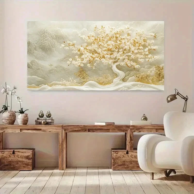 Golden Tree Misty Mountain wall canvas office home room framed 120x60cm - Bella Home Decor