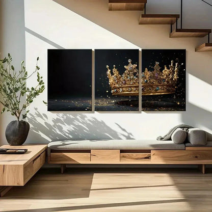 3pcs Golden Crown Royal Jewels Luxury Decor Metal Print Ready to Hang Art - Bella Home Decor