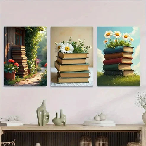 3pcs Charming Garden Path And Books Picture Wall Art Set Canvas Unframed - High Quality Print 100% Australian Made Wall Canvas