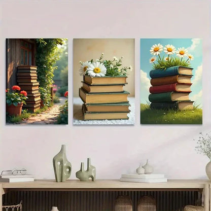 3pcs Charming Garden Path And Books Picture Wall Art Set Canvas Unframed - High Quality Print 100% Australian Made Wall Canvas