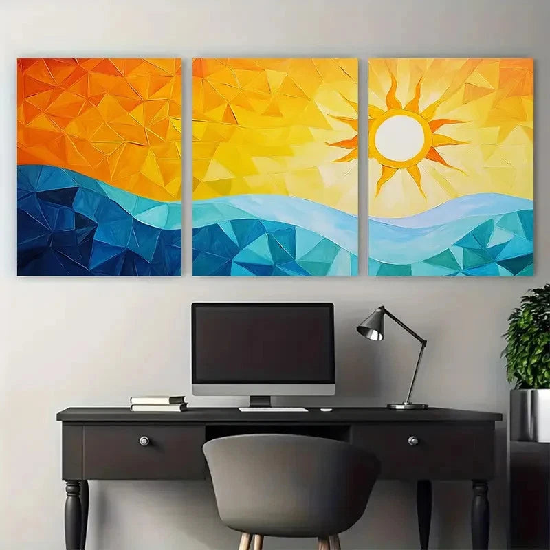 3pcs Abstract Geometric Sun and Sky Design Wall Art Set Canvas Framed 40x60cm - High Quality Print 100% Australian Made Wall Canvas Ready to Hang - Bella Home Decor