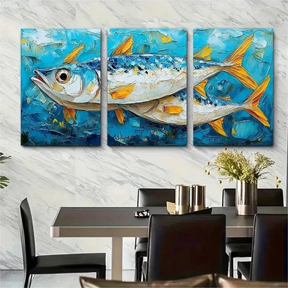 3pcs Textured Fish Artwork Coastal Perfect Wall Art Set Canvas Framed 60x90cm - High Quality Print 100% Australian Made Wall Canvas Ready to Hang