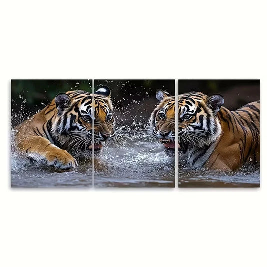 3pcs Two Tigers Play Fighting in Water Wall Art Set Canvas Framed 50x70cm - High Quality Print 100% Australian Made Wall Canvas Ready to Hang