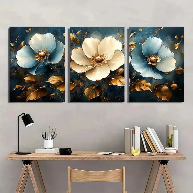 3pcs Minimalist Golden & Blue Flower Design Metal Print Ready to Hang Art