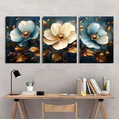 3pcs Minimalist Golden & Blue Flower Design Metal Print Ready to Hang Art