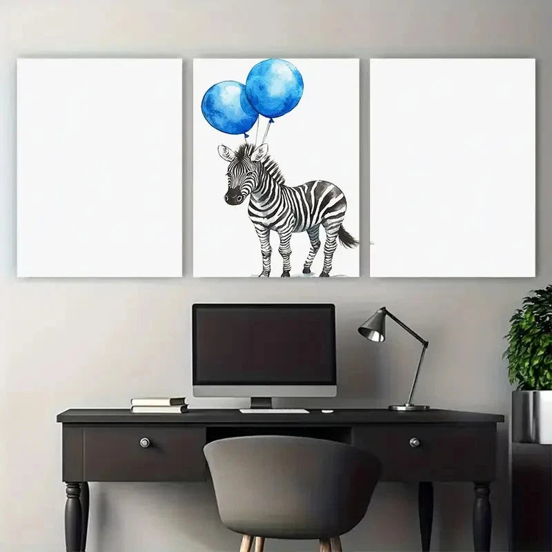 3pcs Whimsical Zebra with Blue Balloon Watercolor Metal Print Ready to Hang Art
