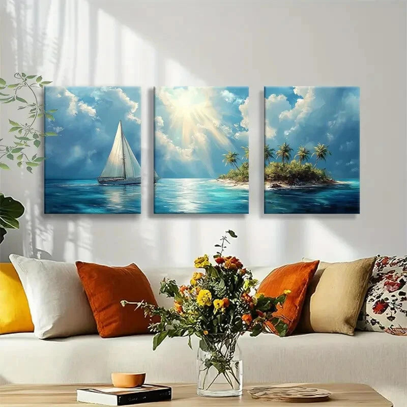 3pcs Serene Ocean Landscape with Blue Sky Metal Print Ready to Hang Art - Bella Home Decor