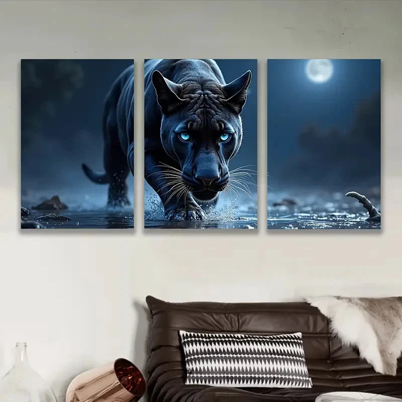 3pcs Black Panther Walking Poster Wall Art Set Canvas Framed 60x90cm - High Quality Print 100% Australian Made Wall Canvas Ready to Hang - Bella Home Decor
