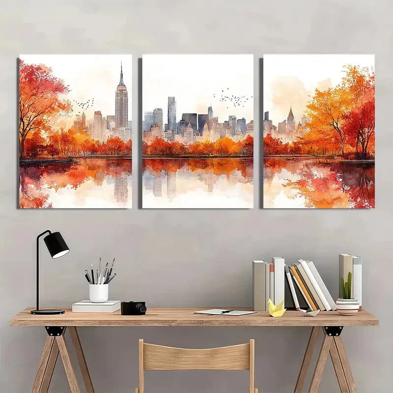 3pcs New York Cityscape Watercolor Neutral Metal Print Ready to Hang Art - Bella Home Decor