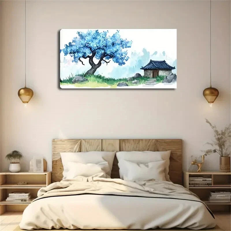 Blue Floral Tree Stone Cottage Wall Art Canvas Office Home Room Framed 120x60cm - Bella Home Decor
