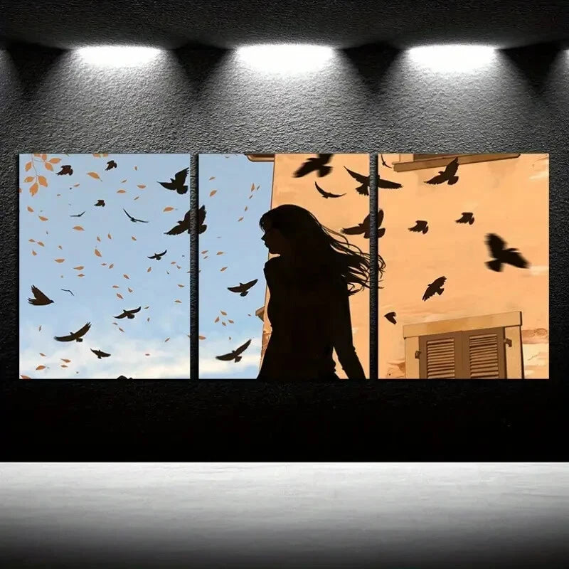 3pcs Silhouette Woman and Birds Illustration Metal Print Ready to Hang Art - Bella Home Decor