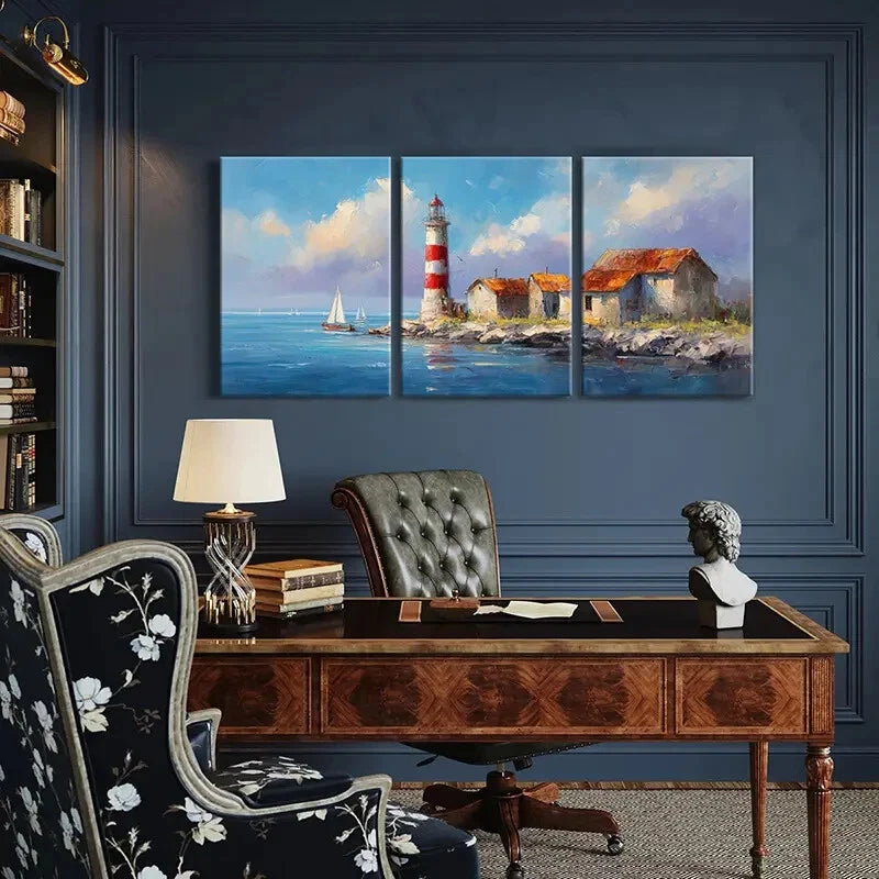 3pcs Lighthouse Coastal Scene Mediterranean Metal Print Ready to Hang Art - Bella Home Decor