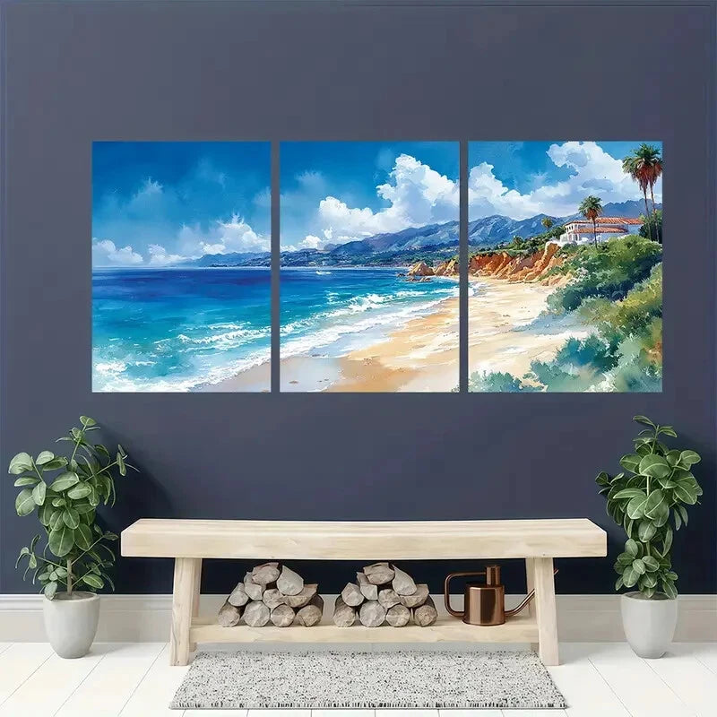 3pcs Laguna Beach Watercolor Art Prints Metal Print Ready to Hang Art