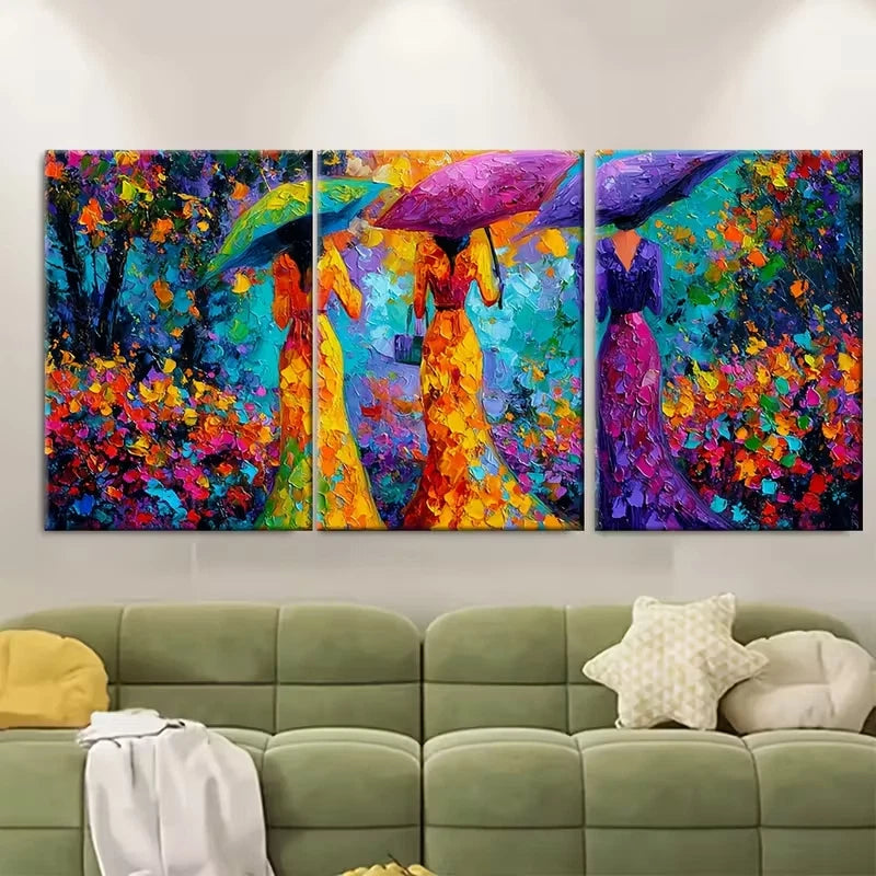3pcs Three Women with Umbrellas Metal Print Ready to Hang Art