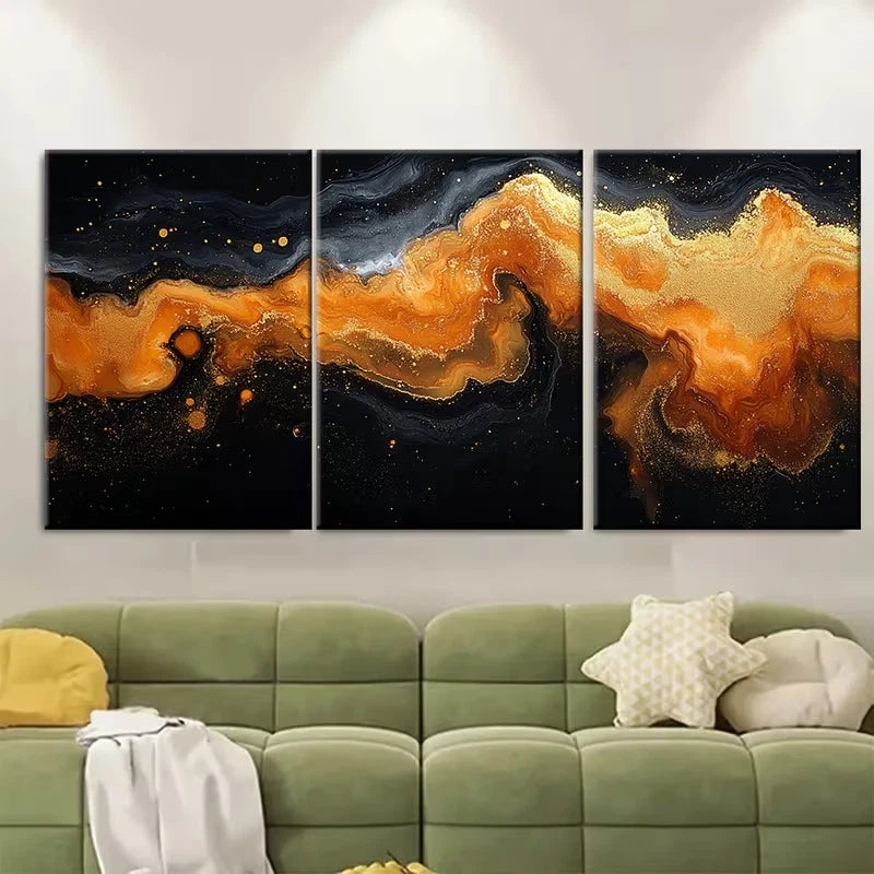 3pcs Fluid Marbling Golden Orange Black Metal Print Ready to Hang Art