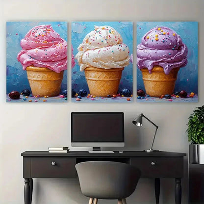 3pcs Ice Cream Candy Food Kitchen Cafe Metal Print Ready to Hang Art - Bella Home Decor