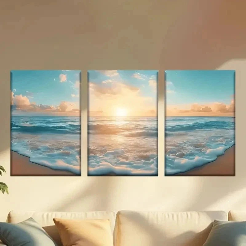 3pcs Beach with Waves And a Boat Wall Art Set Canvas Framed 60x90cm - High Quality Print 100% Australian Made Wall Canvas Ready to Hang - Bella Home Decor