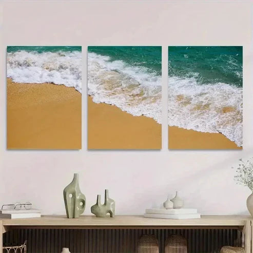 3pcs Beach Wave Ocean Waves On Sandy Shoreline Wall Art Set Canvas Unframed - High Quality Print 100% Australian Made Wall Canvas - Bella Home Decor