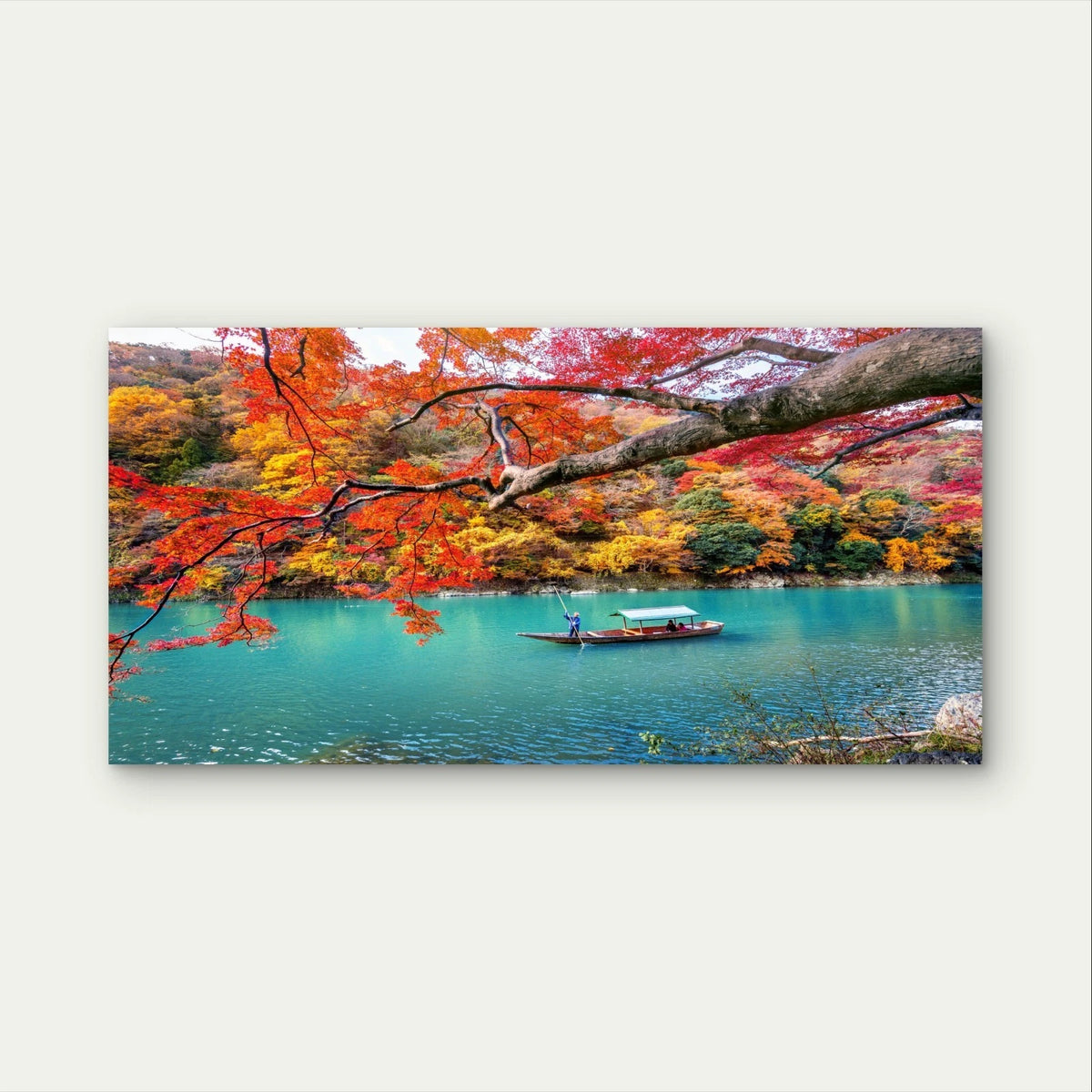 Autumn River Landscape with Boat Wall Art Canvas Office Home Framed 120x60cm