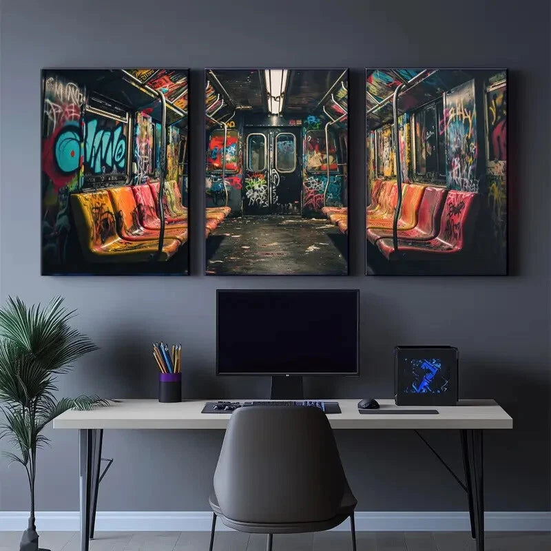 3pcs Space Graffiti Art On Subway Urban Decay Metal Print Ready to Hang Art