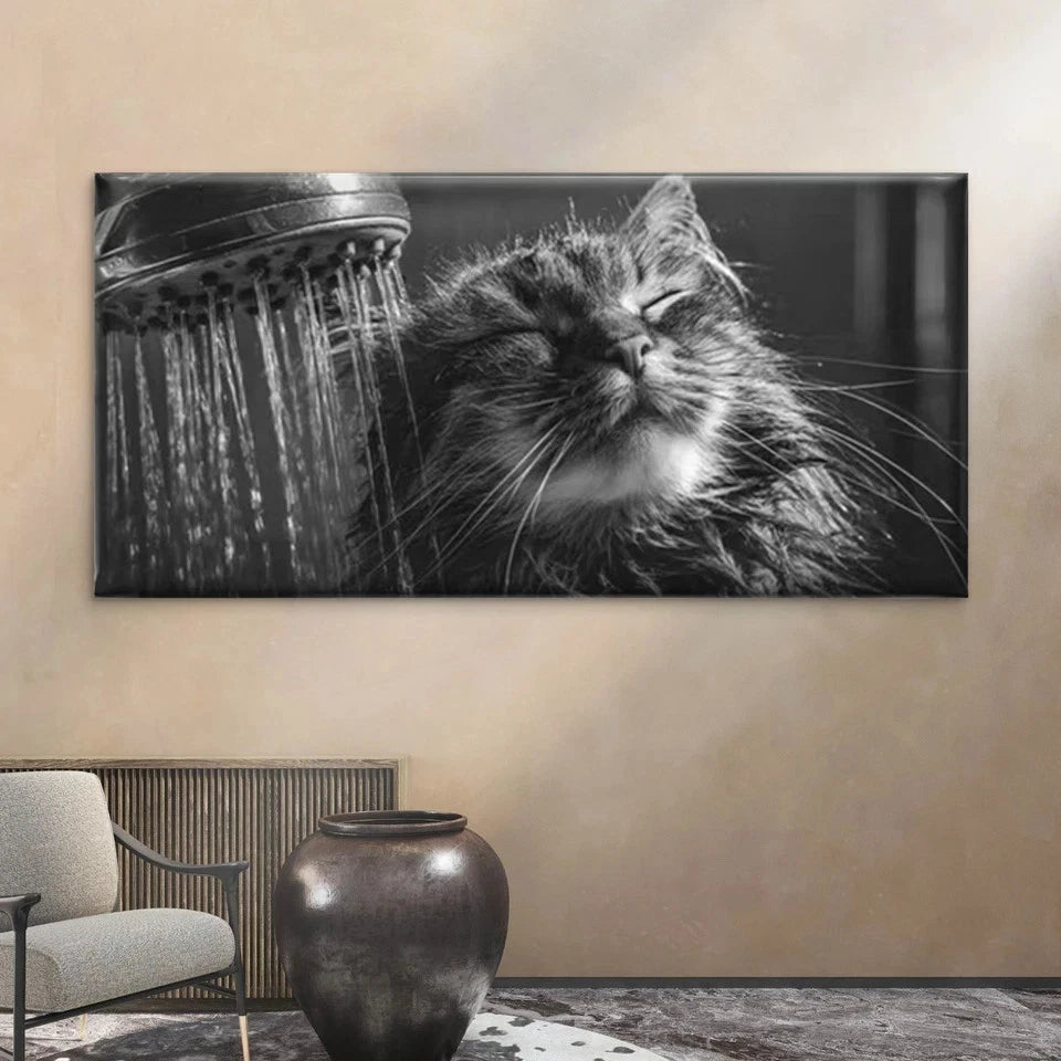 Bathing Tabby Cat Wall Art Canvas Office Home Room Framed 120x60cm
