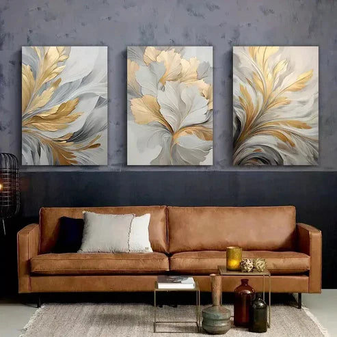 3pcs Golden and White leaf Abstract Wall Art Set Canvas Unframed - High Quality Print 100% Australian Made Wall Canvas - Bella Home Decor