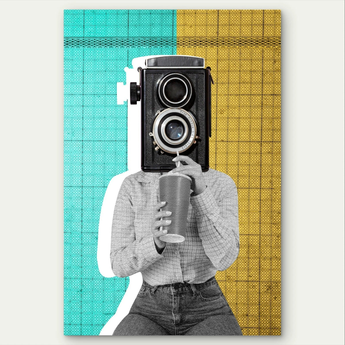 Vintage Retro Camera Head Collage Pop Art 40x60cm Metal Print Ready to Hang