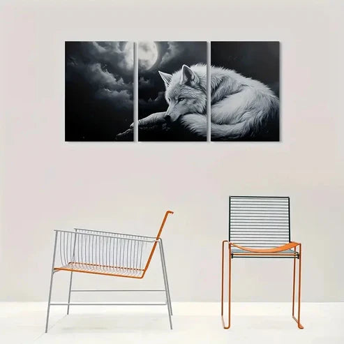 3pcs Black and White Wolf Moonlit Night Wall Art Canvas Unframed - High Quality Print 100% Australian Made Wall Canvas - Bella Home Decor