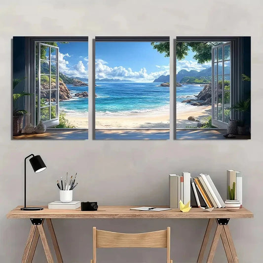 3pcs Seascape Tropical Beach Window View Wall Art Set Canvas Framed 40x60cm - High Quality Print 100% Australian Made Wall Canvas Ready to Hang