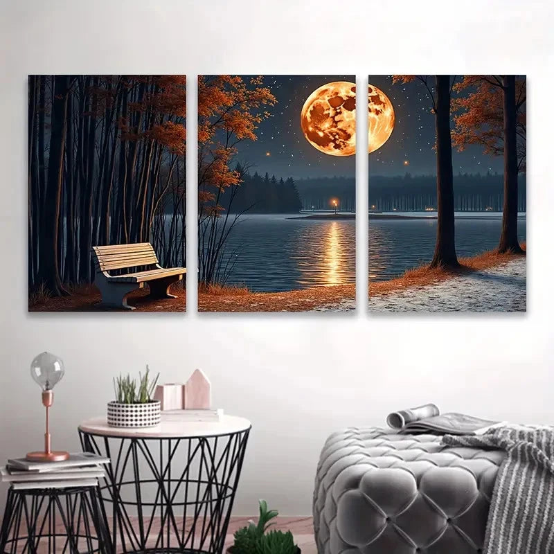 3pcs Tranquil Lake Scene with Moonlit Night Wall Art Set Canvas Framed 50x70cm - High Quality Print 100% Australian Made Wall Canvas Ready to Hang
