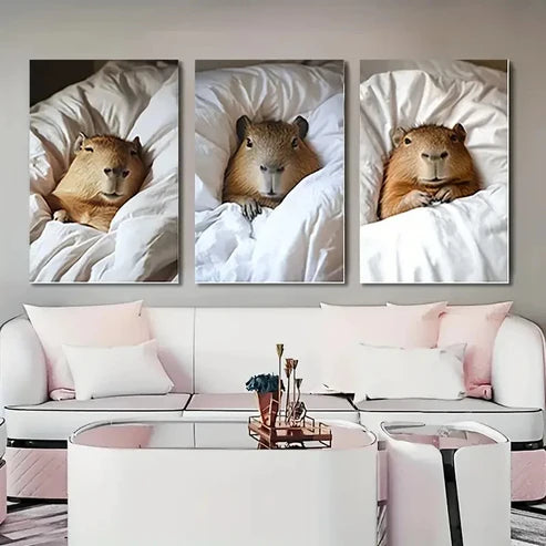 3pcs Whimsical Capybara Selfie Corrido Wall Art Set Canvas Unframed - High Quality Print 100% Australian Made Wall Canvas