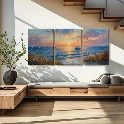 3pcs Golden Hour Sky Calm Sea and Wildflowers  Wall Art Set Canvas Framed 50x70cm - High Quality Print 100% Australian Made Wall Canvas Ready to Hang - Bella Home Decor