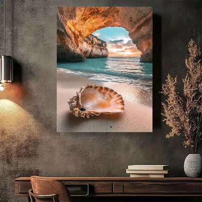 Beautiful Beach Shell Sunset Cave Modern Painting 40x60cm Metal Print Ready to Hang - Bella Home Decor