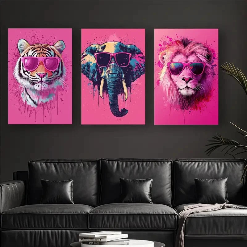 3pcs Vibrant Animal Tiger Elephant & Lion Glasses Metal Print Ready to Hang Art - Bella Home Decor