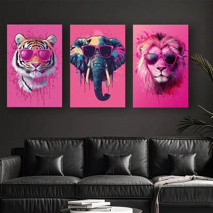 3pcs Vibrant Animal Tiger Elephant & Lion Glasses Metal Print Ready to Hang Art - Bella Home Decor
