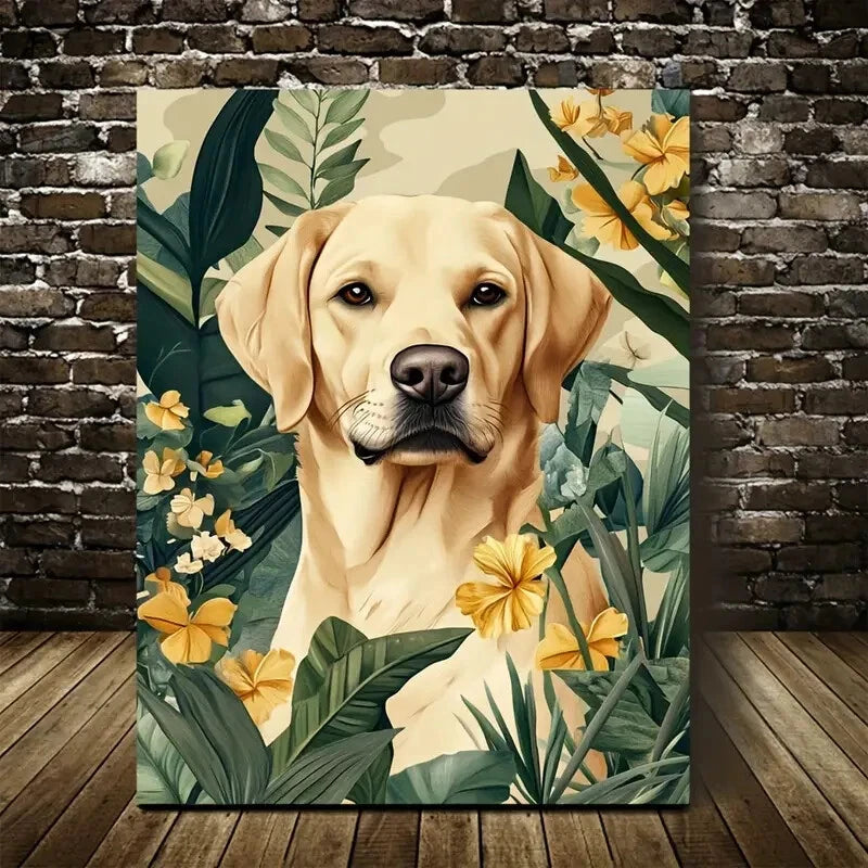 Flowers and Plants Cute Labrador Retriever Painting 40x60cm Metal Print Ready to Hang