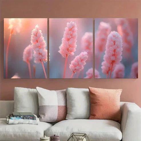 3pcs Minimalist Pastel Pink Cattails Wall Art Set Canvas Unframed - High Quality Print 100% Australian Made Wall Canvas